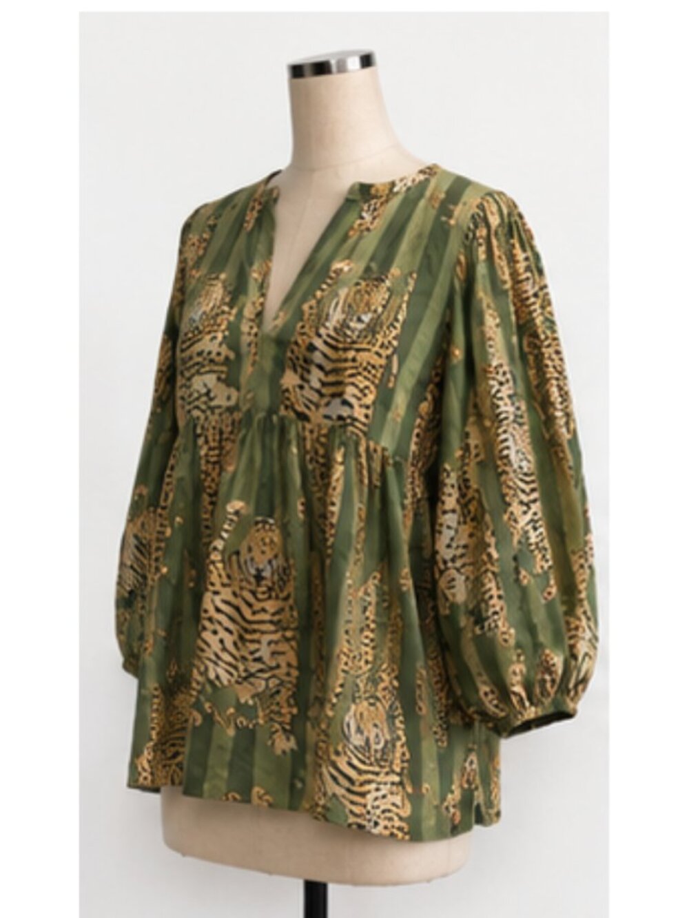 House of Sundar Tiger Print Cotton Peplum Blouse Balloon Sleeve S